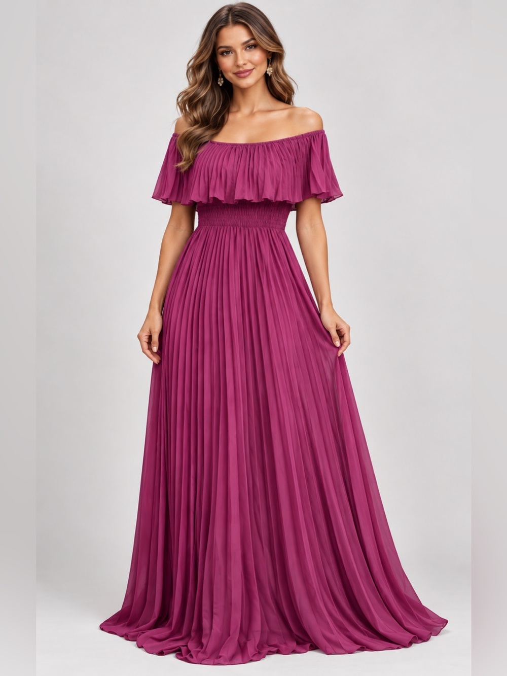 LUXXEL PURPLE PLEATED MAXI OFF SHOULDER DRESS SIZE MEDIUM